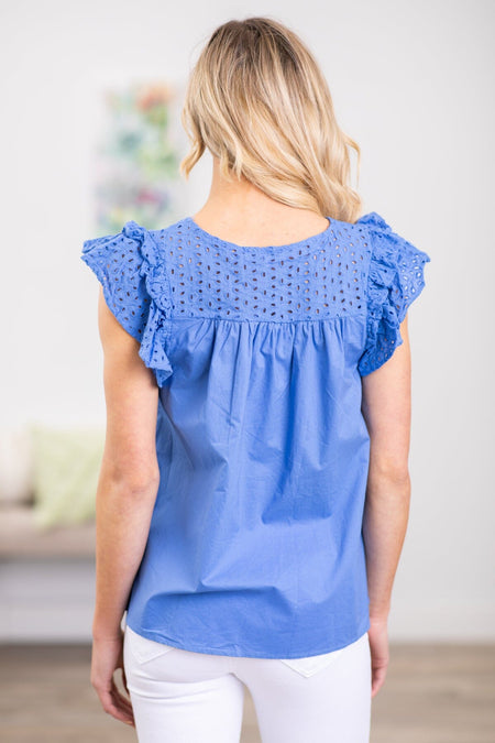 Cornflower Eyelet Yoke Flutter Sleeve Top - Filly Flair