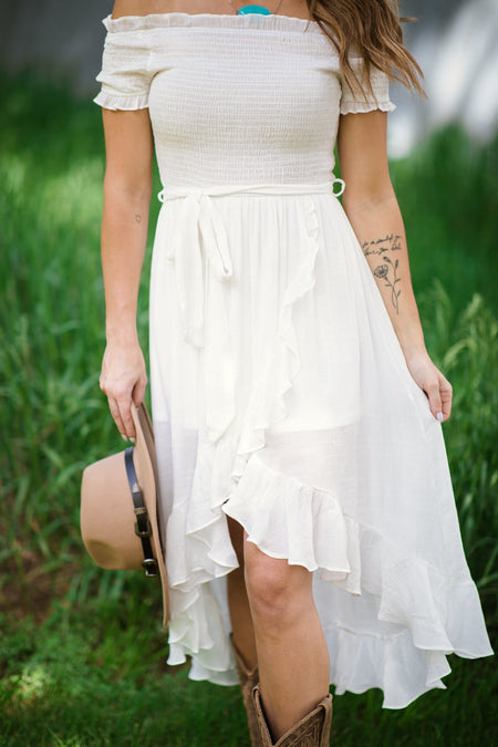 White Smocked Bodice Off The Shoulder Dress - Filly Flair