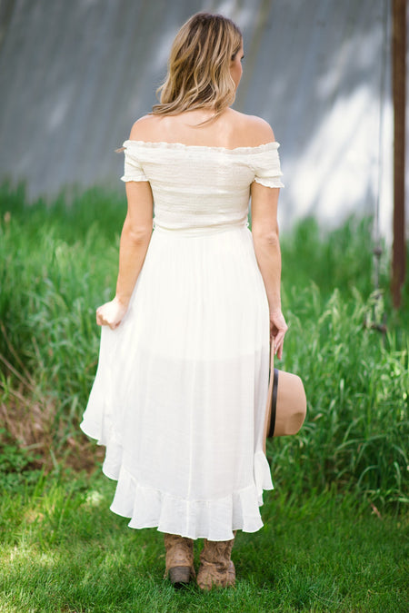 White Smocked Bodice Off The Shoulder Dress - Filly Flair