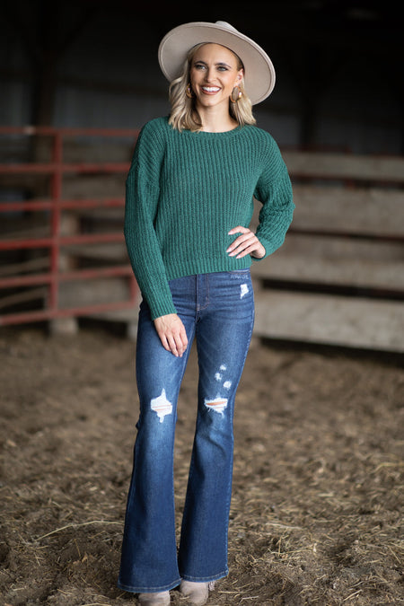 Emerald Green Rib Knit Drop Shoulder Sweater - Filly Flair