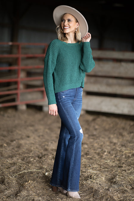 Emerald Green Rib Knit Drop Shoulder Sweater - Filly Flair