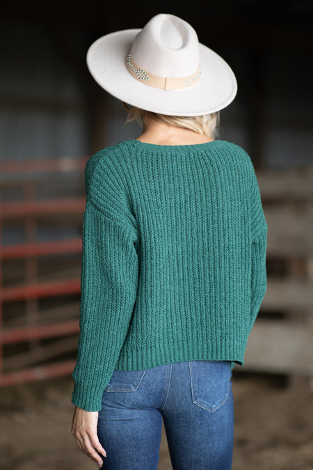 Emerald Green Rib Knit Drop Shoulder Sweater - Filly Flair