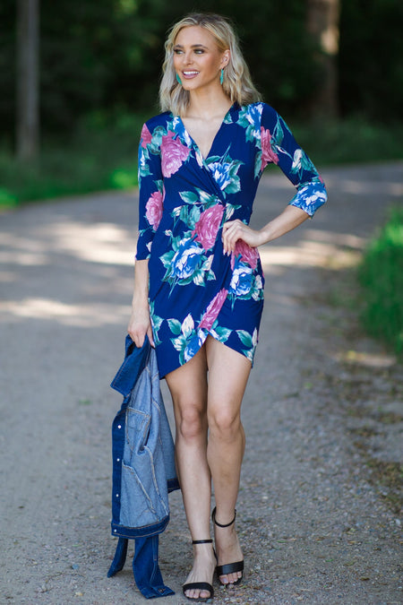 Navy and Dusty Rose Floral Print Dress - Filly Flair