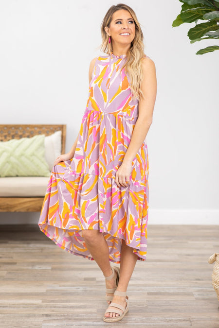 Orange and Pink Geometric Print Midi Dress - Filly Flair