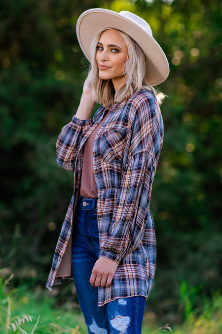 Blue and Tan Plaid Long Sleeve Top - Filly Flair