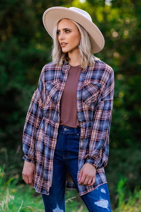 Blue and Tan Plaid Long Sleeve Top - Filly Flair