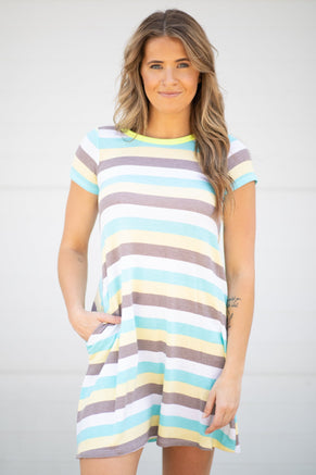 Aqua and Mocha Stripe Short Sleeve Dress - Filly Flair