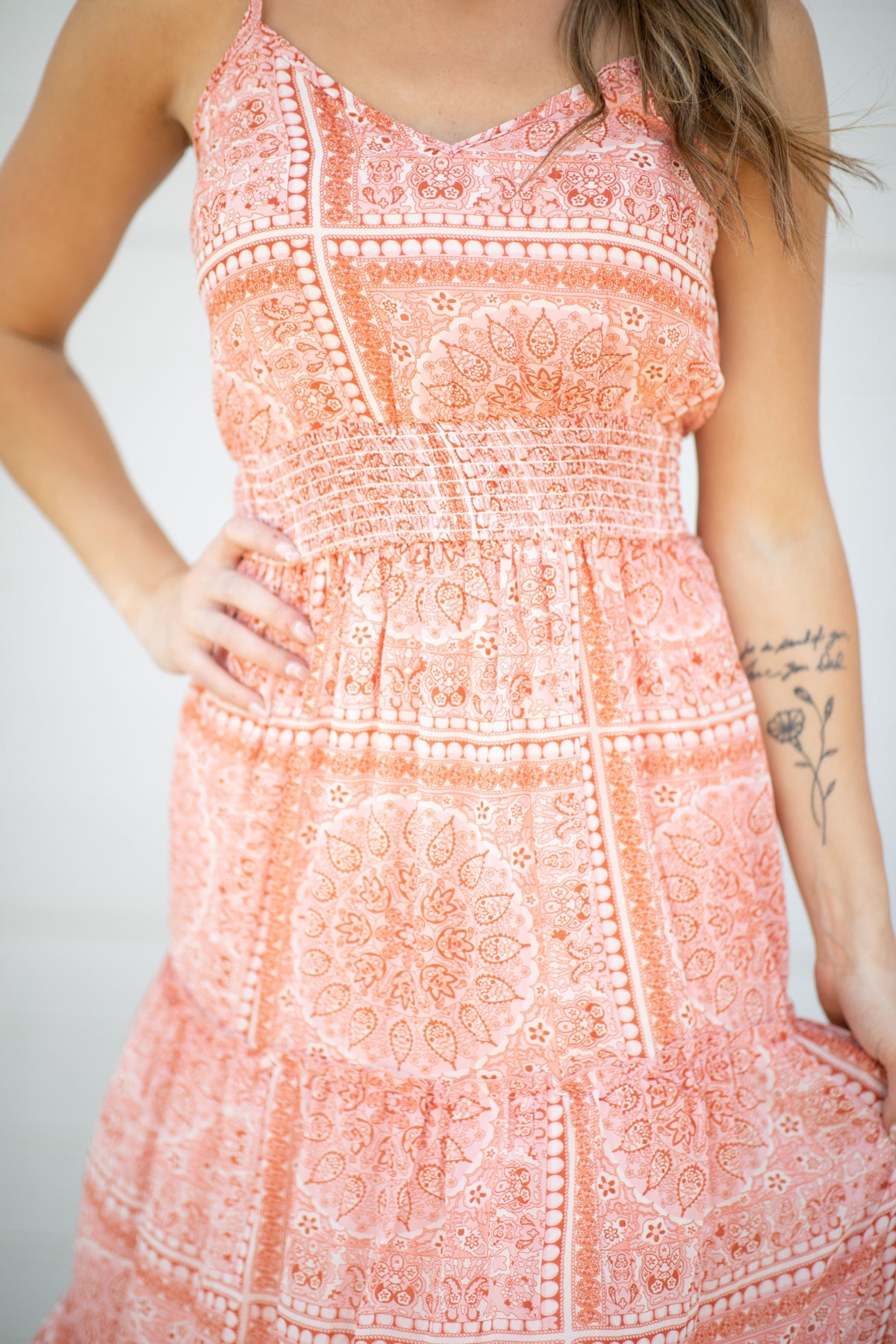 Coral Medallion Print Smocked Waist Midi Dress - Filly Flair