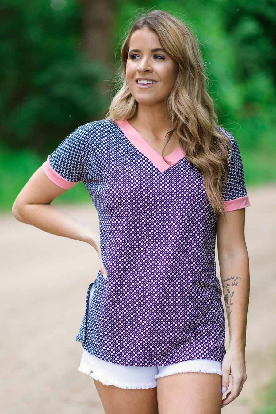 Navy and Pink Polka Dot Print V-Neck Top - Filly Flair