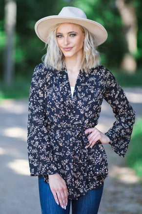 Black and Taupe Floral Tie Waist Long Blazer - Filly Flair