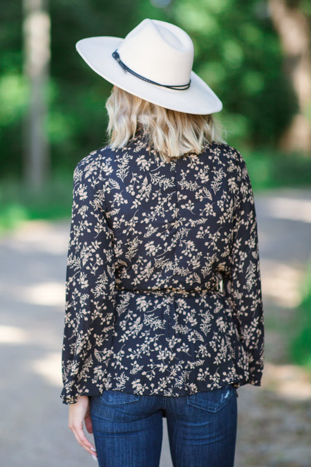 Black and Taupe Floral Tie Waist Long Blazer - Filly Flair