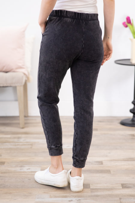 Black Washed Elastic Waist Joggers - Filly Flair