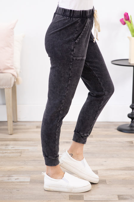 Black Washed Elastic Waist Joggers - Filly Flair