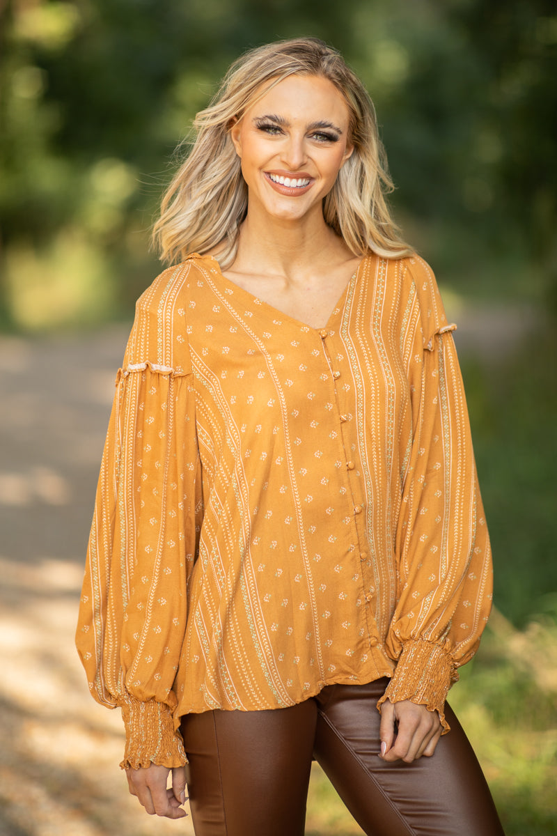 Cinnamon Floral Balloon Sleeve Top - Filly Flair