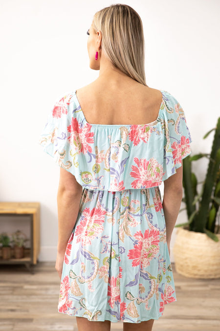 Turquoise and Pink Floral Ruffle Top Dress - Filly Flair