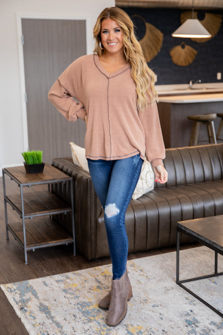 Mocha V-Neck Rib Knit Drop Shoulder Top - Filly Flair