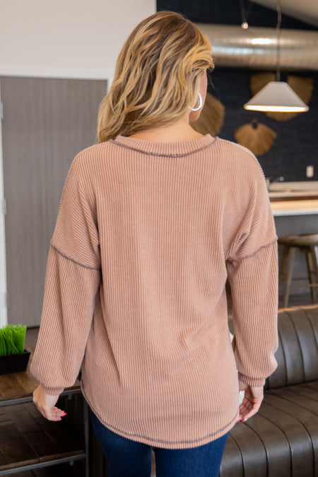 Mocha V-Neck Rib Knit Drop Shoulder Top - Filly Flair