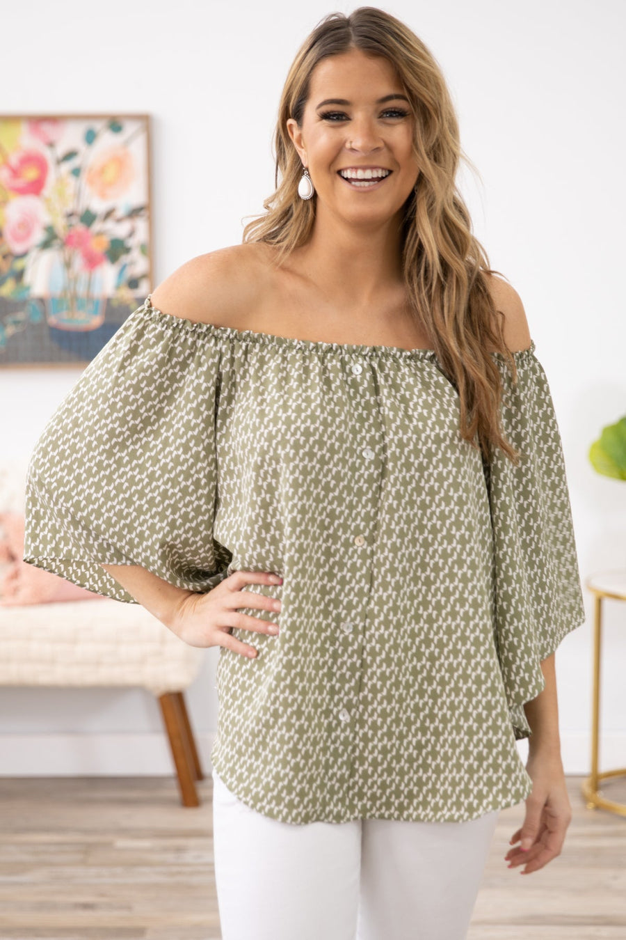 Olive Geometric Print Off the Shoulder Top - Filly Flair