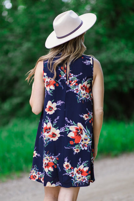 Navy and Red Floral Crochet Lace Yoke Dress - Filly Flair