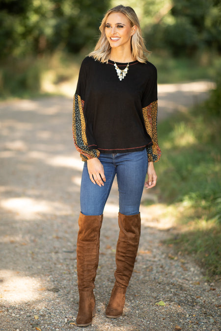 Black Multicolor Floral Print Sleeve Top - Filly Flair