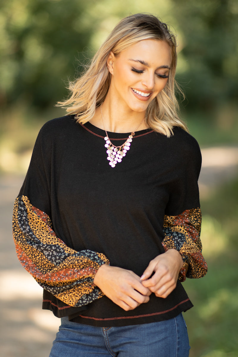 Black Multicolor Floral Print Sleeve Top - Filly Flair