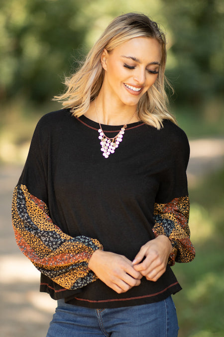 Black Multicolor Floral Print Sleeve Top - Filly Flair