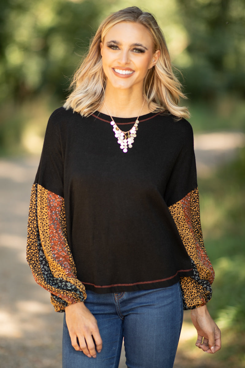 Black Multicolor Floral Print Sleeve Top - Filly Flair