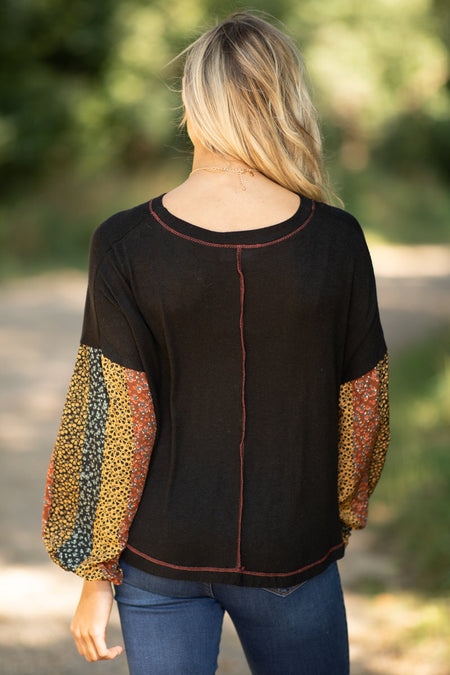 Black Multicolor Floral Print Sleeve Top - Filly Flair