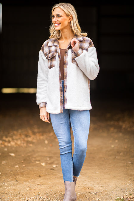 Brown and White Plaid Sherpa Shacket - Filly Flair