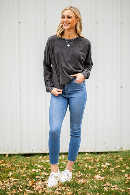 Charcoal Acid Wash Dolman Sleeve Top - Filly Flair