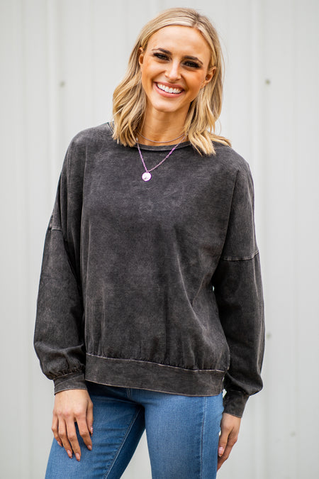 Charcoal Acid Wash Dolman Sleeve Top - Filly Flair