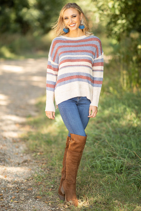 Dusty Blue and Wine Stripe Sweater - Filly Flair