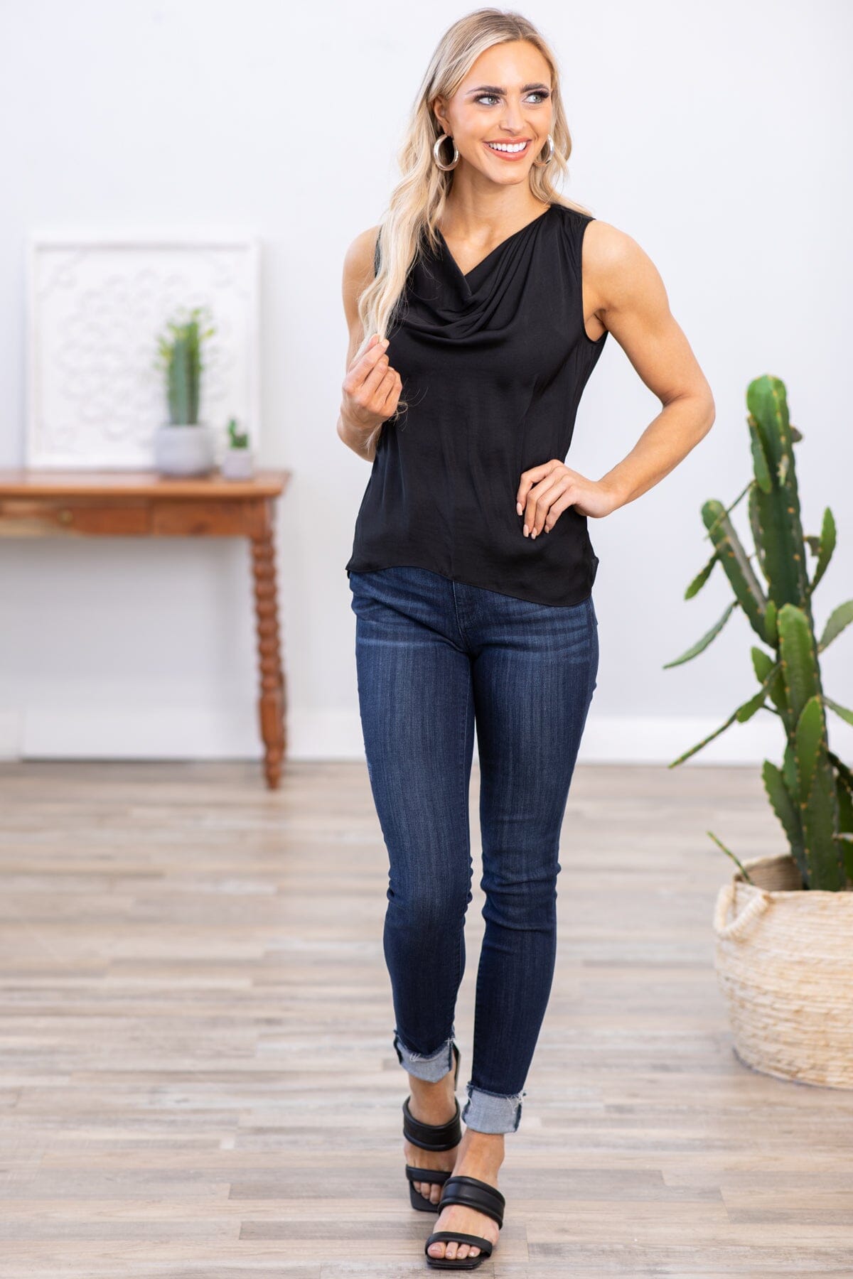 Black Drape Neck Textured Tank - Filly Flair