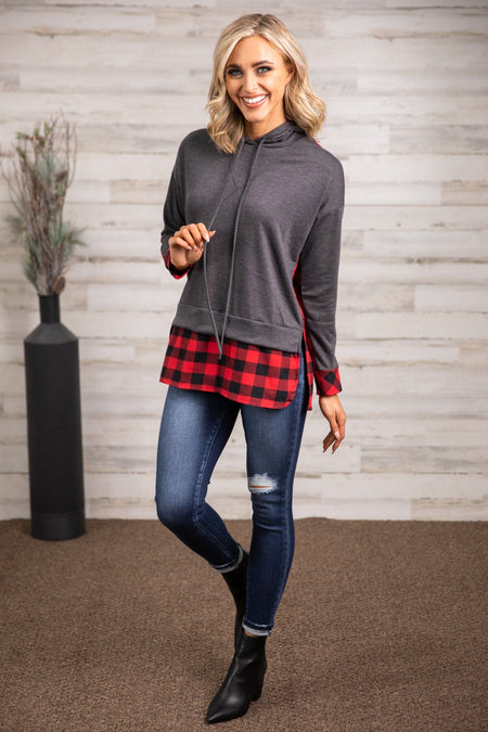 Charcoal and Red Buffalo Plaid Hooded Top - Filly Flair