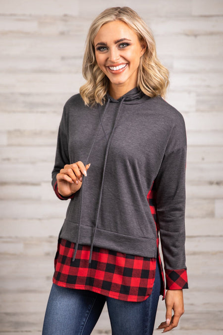 Charcoal and Red Buffalo Plaid Hooded Top - Filly Flair