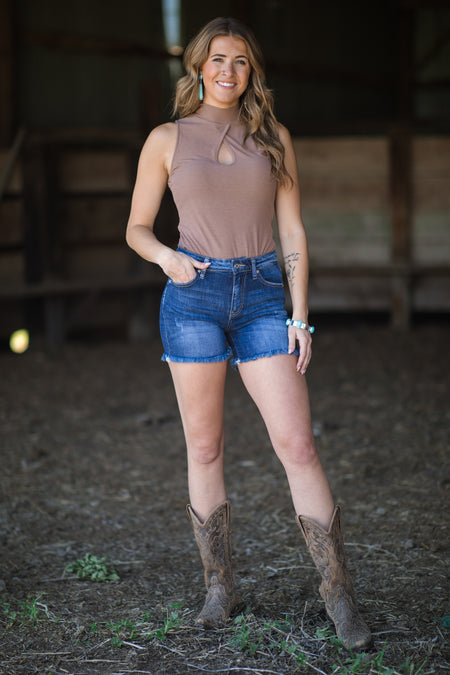 Taupe Mock Neck Tank with Keyhole - Filly Flair