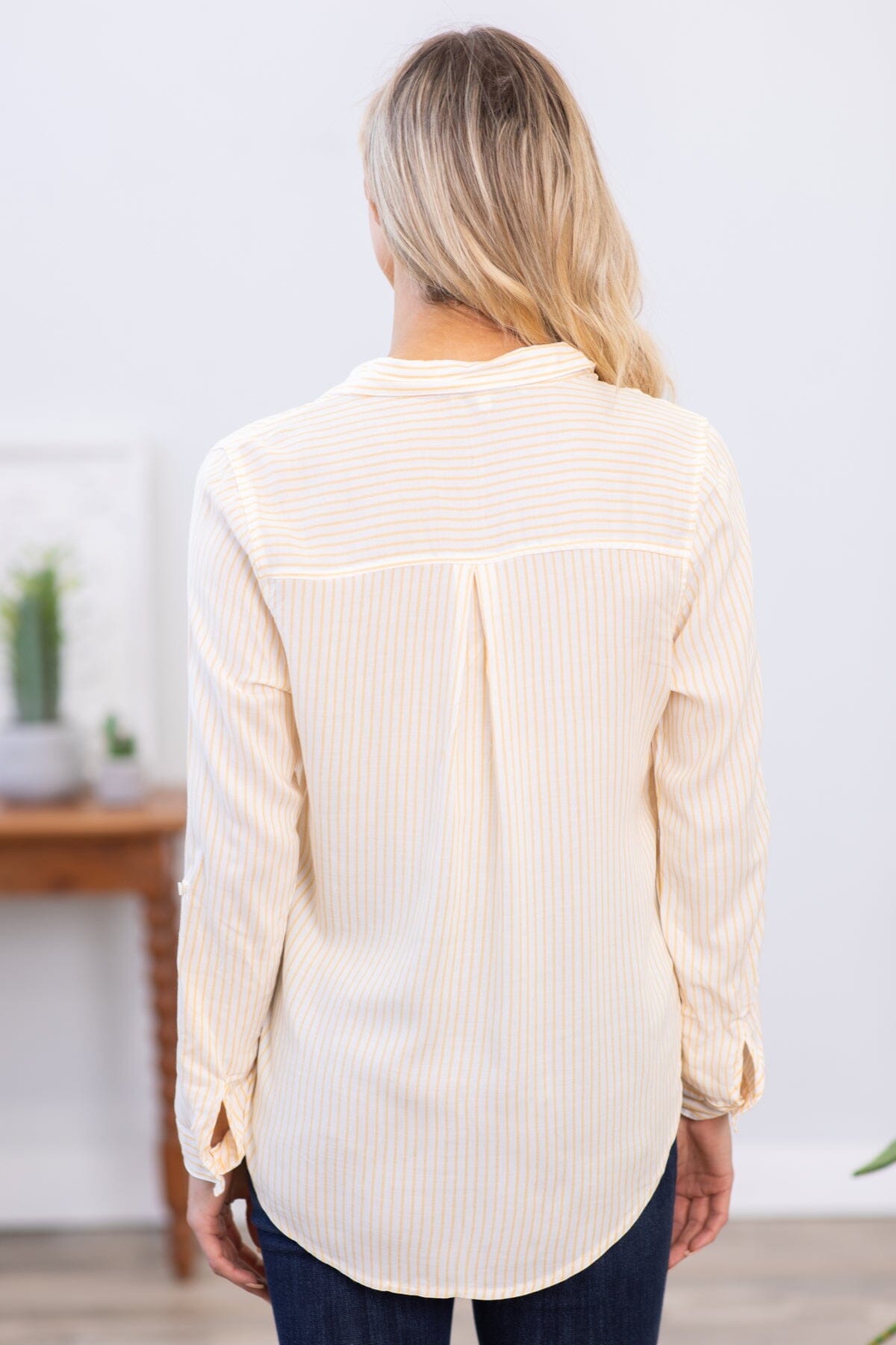 Yellow and Off White Pinstripe Button Up Top - Filly Flair