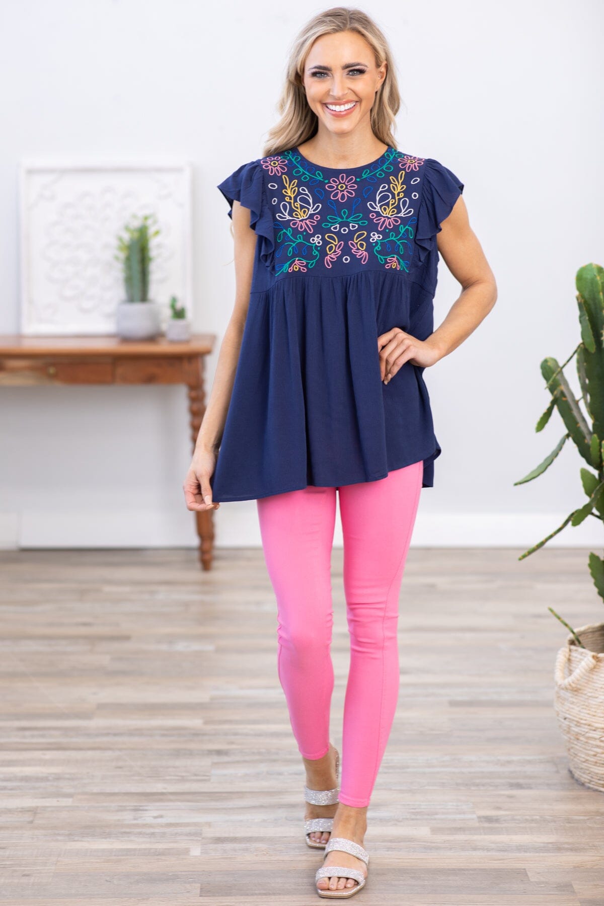 Navy Multicolor Floral Embroidered Top - Filly Flair