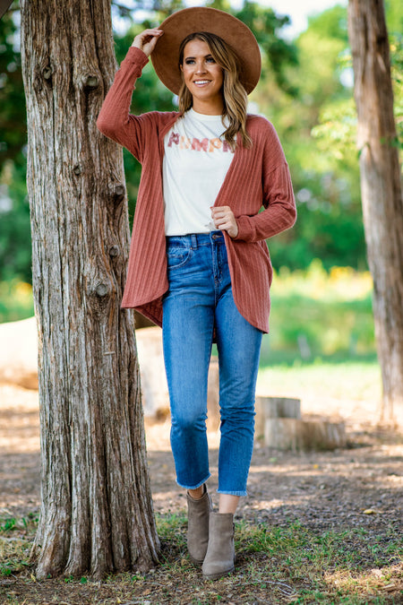 Rust Ribbed Waffle Knit Cocoon Cardigan - Filly Flair