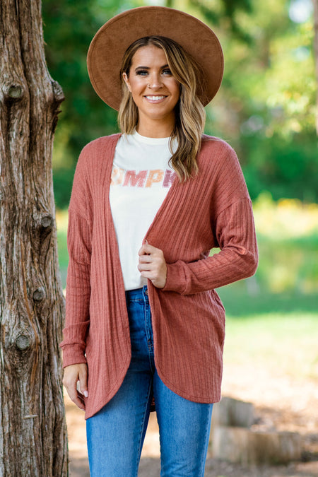 Rust Ribbed Waffle Knit Cocoon Cardigan - Filly Flair