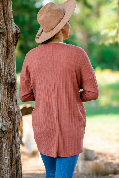 Rust Ribbed Waffle Knit Cocoon Cardigan - Filly Flair