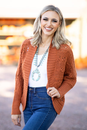 Burnt Orange Rib Knit Trim Cocoon Cardigan - Filly Flair