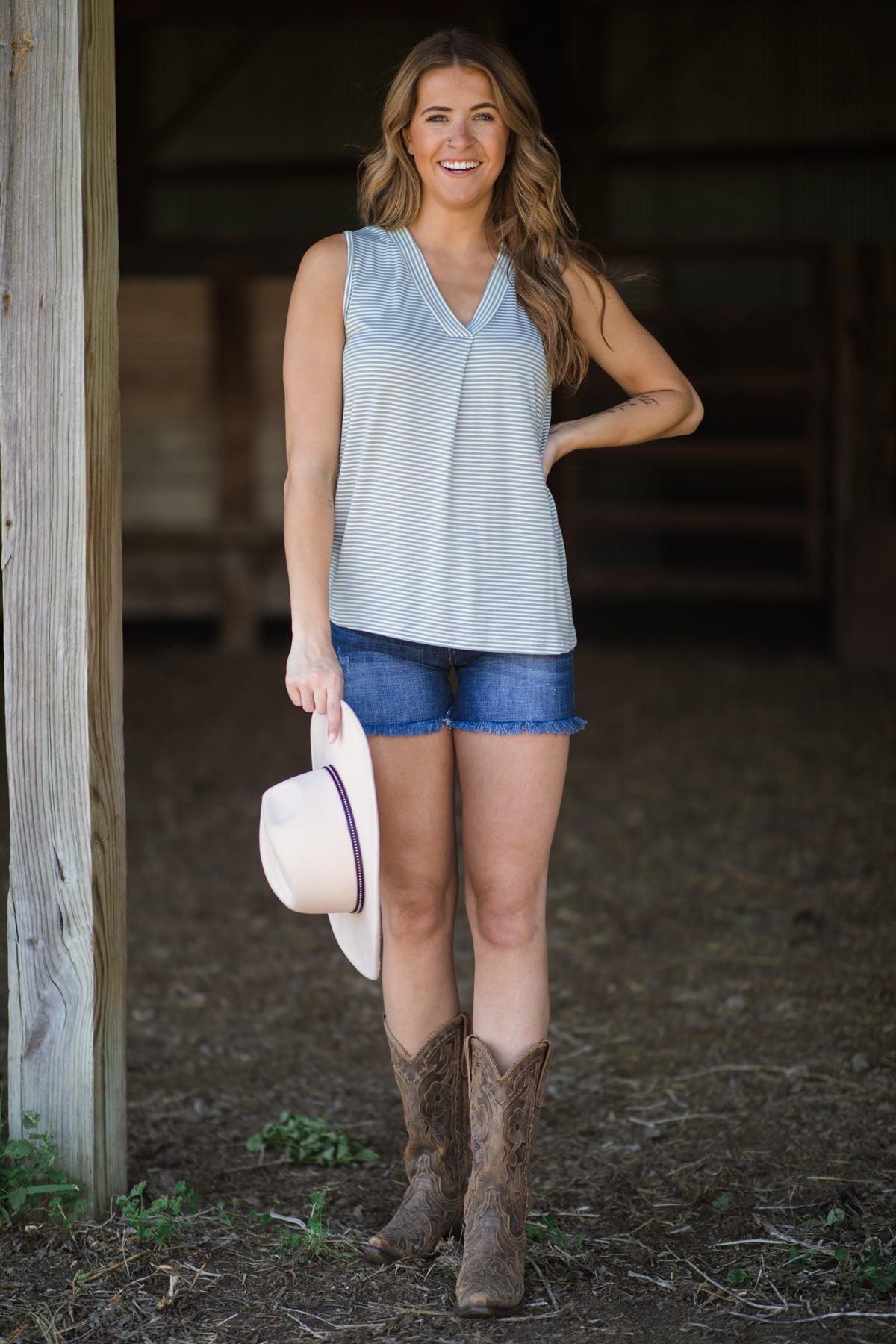 Sage and White Stripe V-Neck Tank · Filly Flair