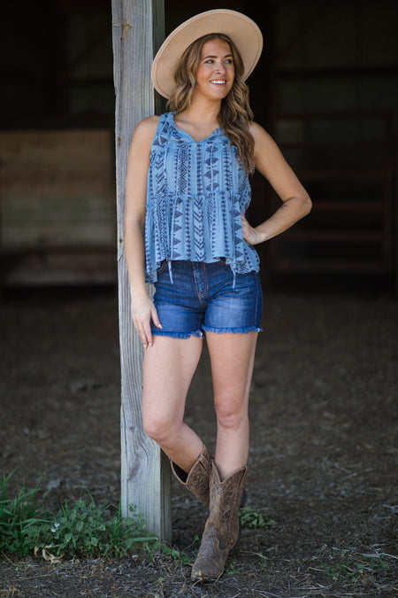 Cornflower Aztec Print Tank With Tie - Filly Flair