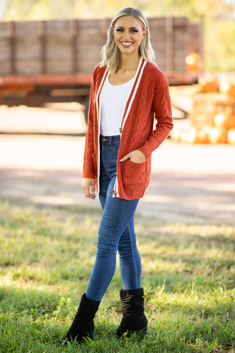 Rust Cable Knit Button Up Cardigan - Filly Flair