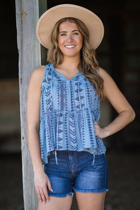 Cornflower Aztec Print Tank With Tie - Filly Flair