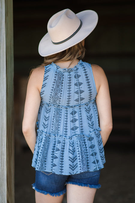 Cornflower Aztec Print Tank With Tie - Filly Flair