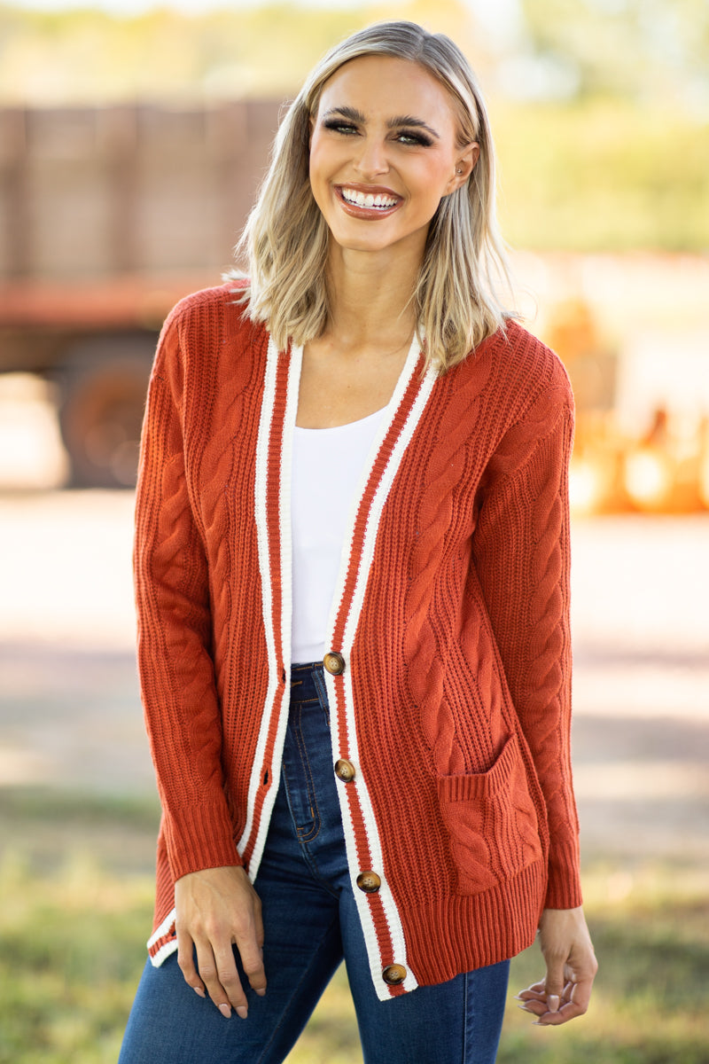 Rust Cable Knit Button Up Cardigan - Filly Flair