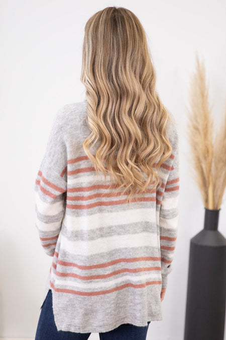 Dusty Rose and Grey Stripe Cowl Neck Sweater - Filly Flair