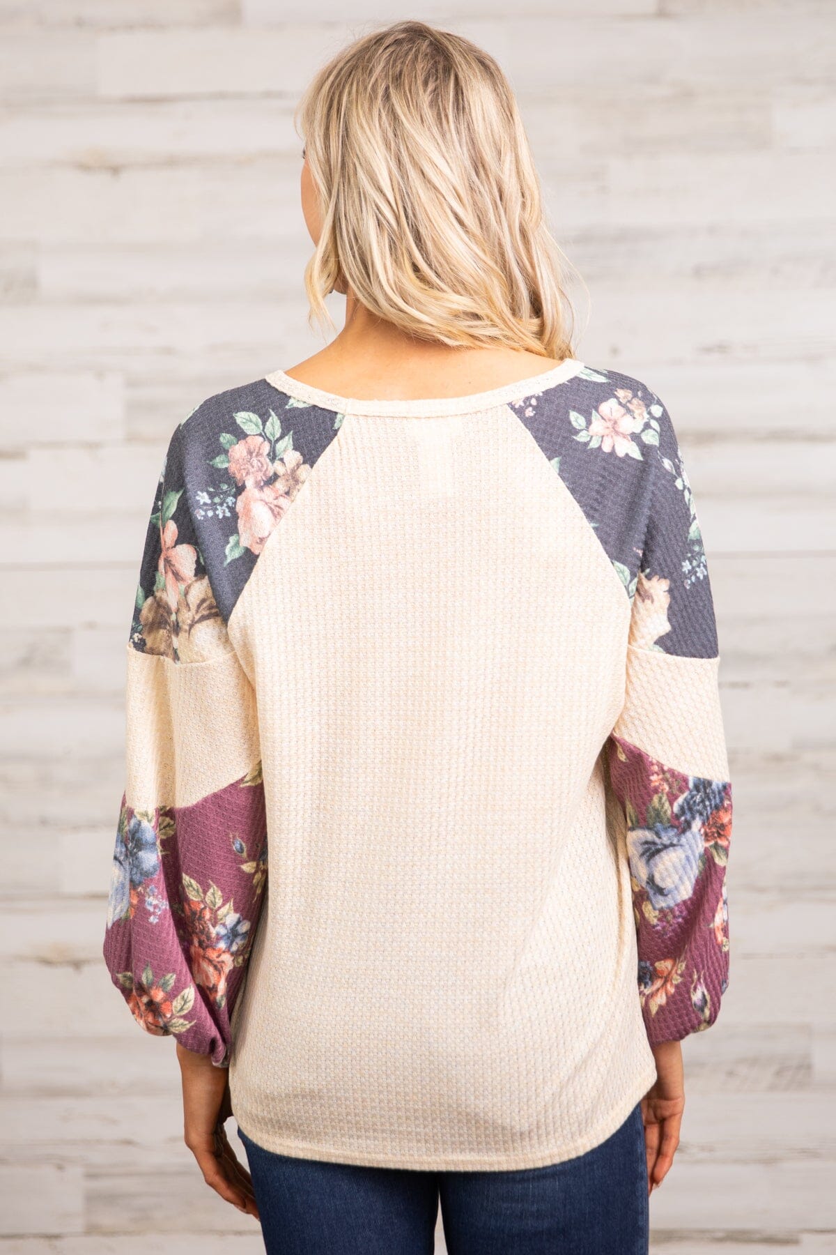 Beige and Berry Floral Print Sleeve Top - Filly Flair